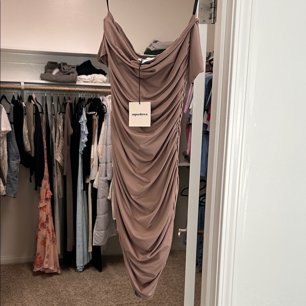 Superdown One Shoulder Ruched Dress in Tan